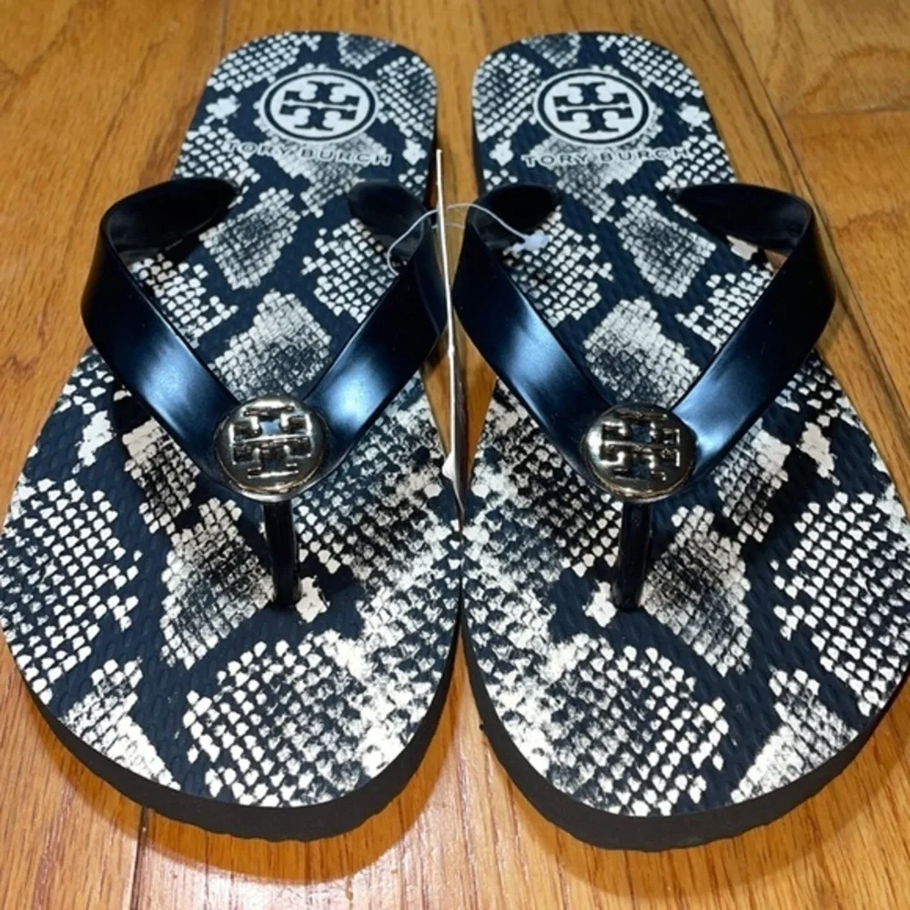 Tory Burch Classic Snake Reptile Preppy Perfect Black Thong Flip Flop Sandals